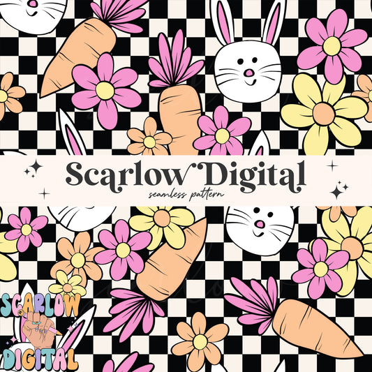 Checkered Easter Doodles Seamless Pattern-girl seamless pattern, retro easter seamless pattern, easter bunny seamless, kids seamless pattern