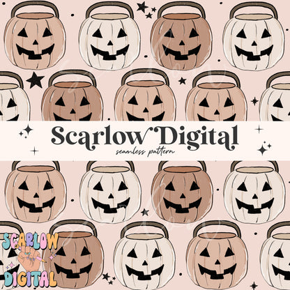 Pumpkin Buckets Seamless Pattern-Halloween Sublimation Digital Design Download-nude halloween seamless pattern, spooky season seamless files