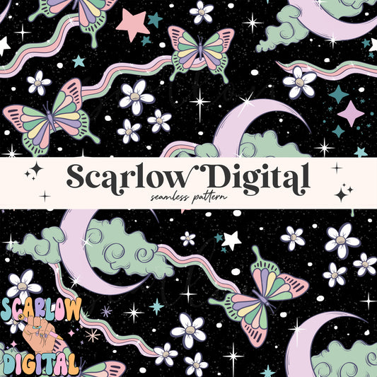 Dreamy Galaxy Seamless Pattern Digital Design Download, butterfly seamless prints, moon and stars digital paper, stars and flowers patterns