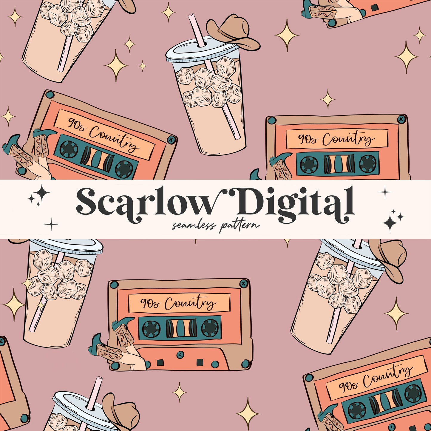 Iced Coffee & Country Music Seamless Pattern-Western Sublimation Digital Design Download-cowboy seamless, coffee seamless, cassette seamless