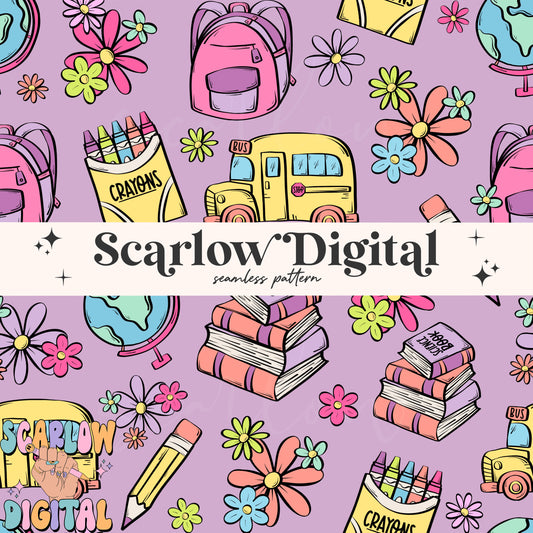 Girl Back to School Seamless Pattern Digital Design Download, trendy school patterns, school bus digital paper, book seamless, floral design