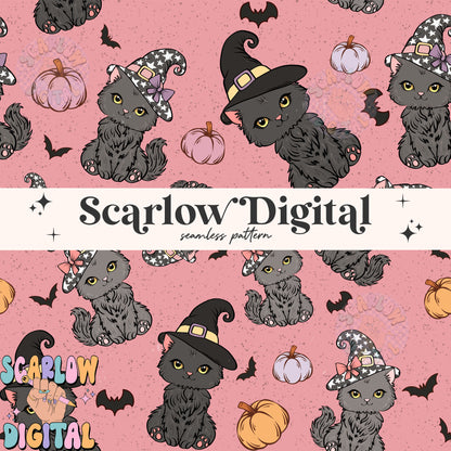 Black Cat Seamless Pattern Digital Design Download, Halloween seamless pattern, witch digital print, spooky season patterns, fall seamless