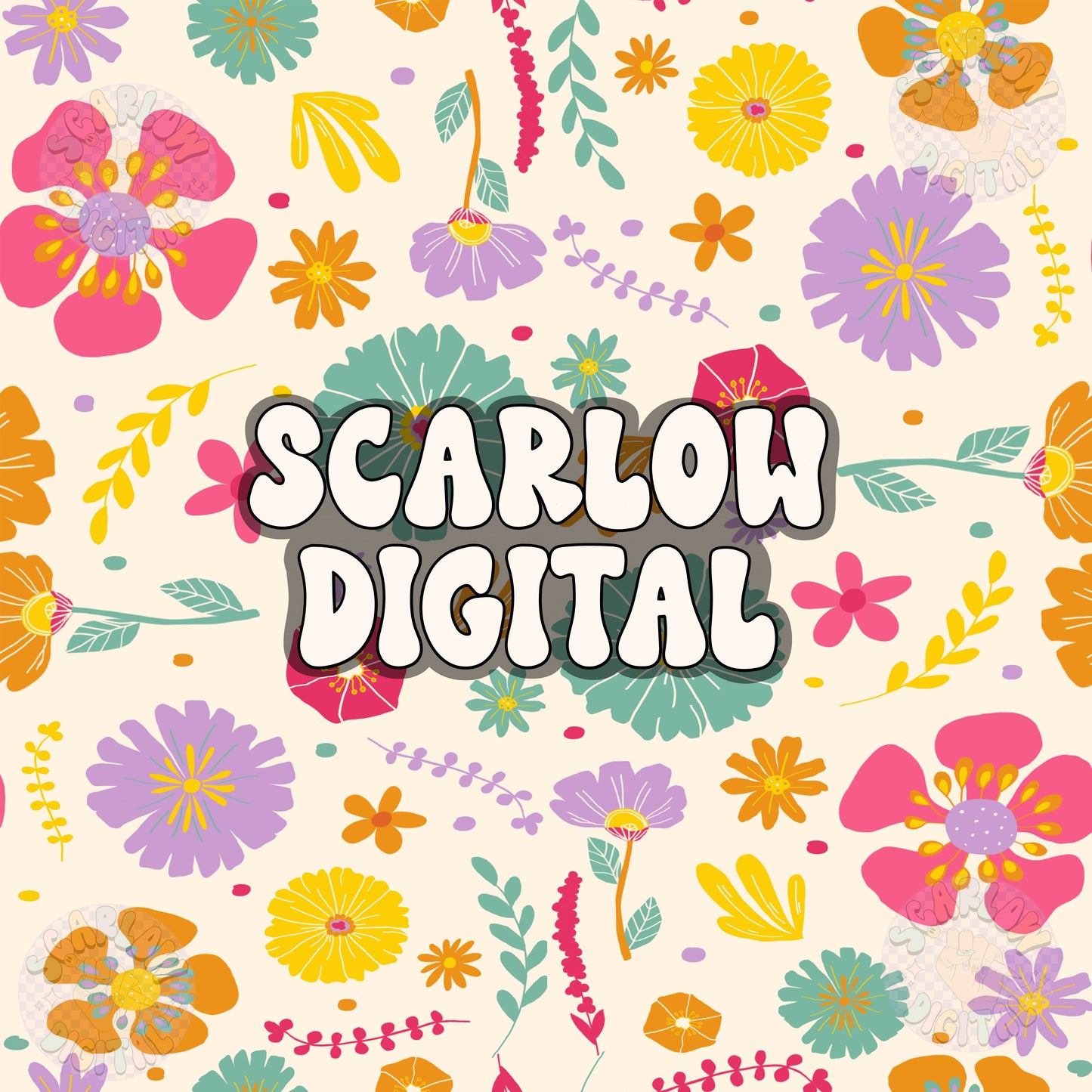 Doodle Flowers Seamless Pattern Digital Design Download, bright colored prints, colorful seamless files, trendy floral seamless pattern