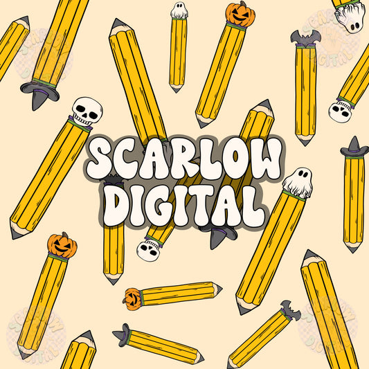 Halloween Pencils Seamless Pattern Digital Design Download, teacher seamless, spooky digital prints, fall school seamless, ghost seamless