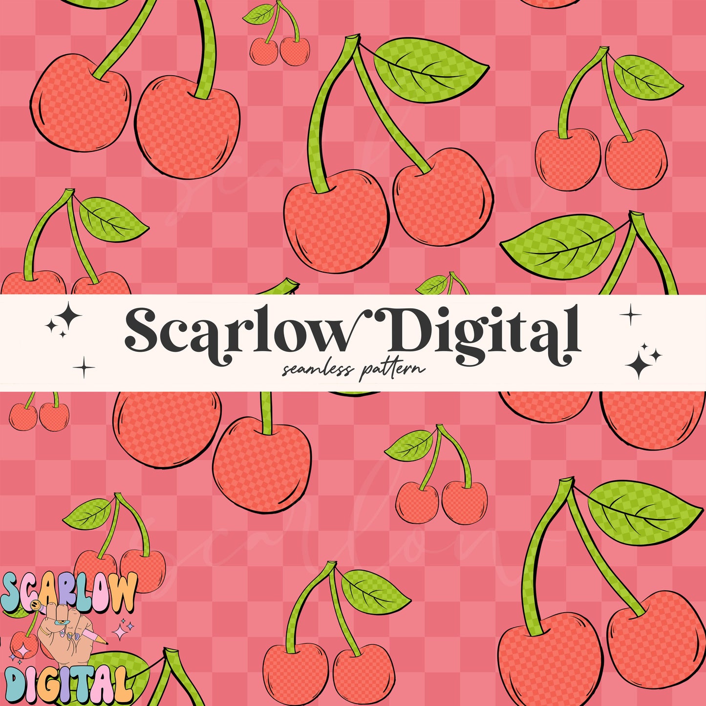 Checkered Cherries Seamless Pattern-Valentine's Day Sublimation Digital Design Download-fruit seamless pattern, summer seamless pattern