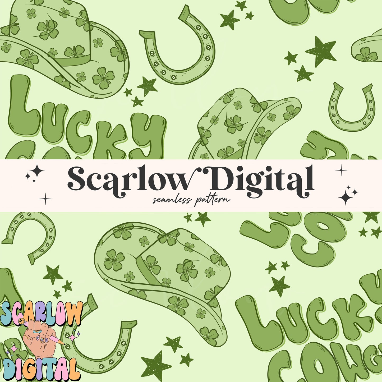 Lucky Cowgirl Seamless Pattern-St Patrick's Day Digital Design Download-shamrock seamless pattern, horseshoe seamless file, western seamless