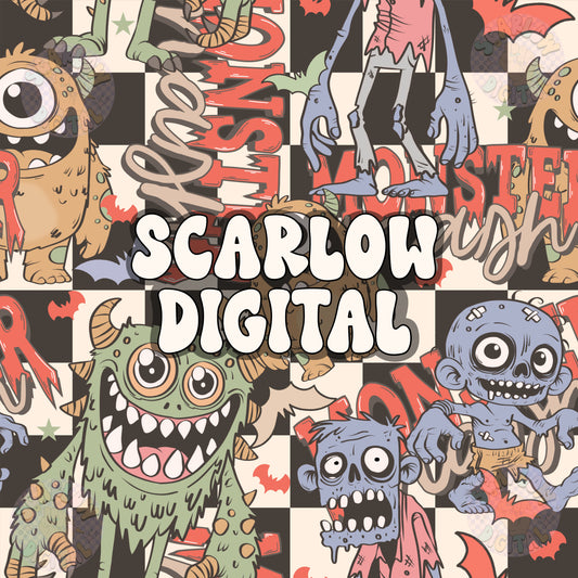 Monsters Seamless Pattern Digital Design Download, Halloween seamless pattern, spooky season seamless pattern, vintage seamless pattern file