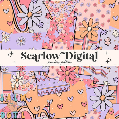 Retro Floral Patchwork Seamless Pattern Digital Design Download, girly seamless paper, trendy digital paper, groovy seamless pattern