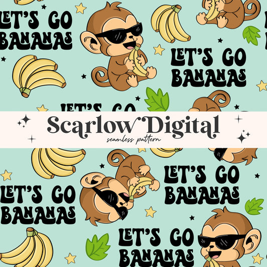 Let's Go Bananas Seamless Pattern-Monkey Sublimation Digital Design Download-banana seamless file, funny seamless, boy surface pattern file