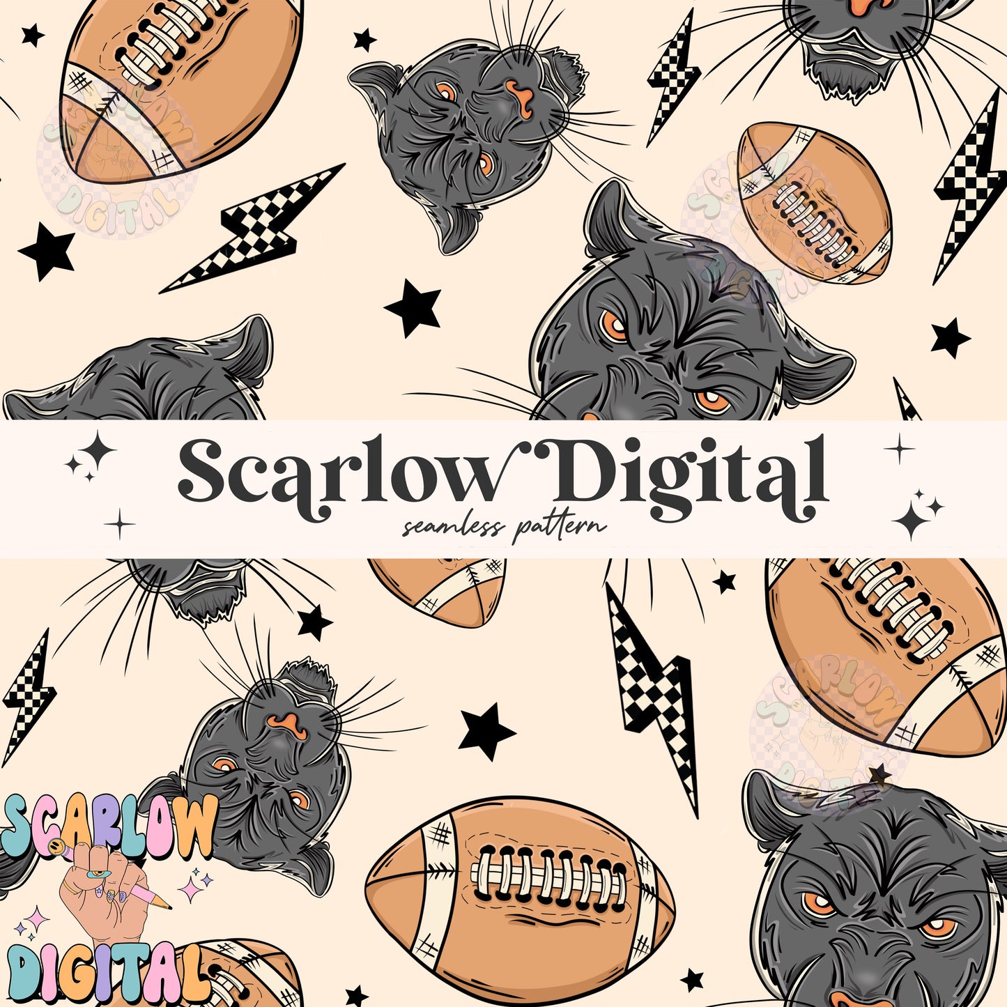 Panthers Seamless Pattern Digital Design Download, Panthers football seamless file, team mascot digital prints, football season seamless