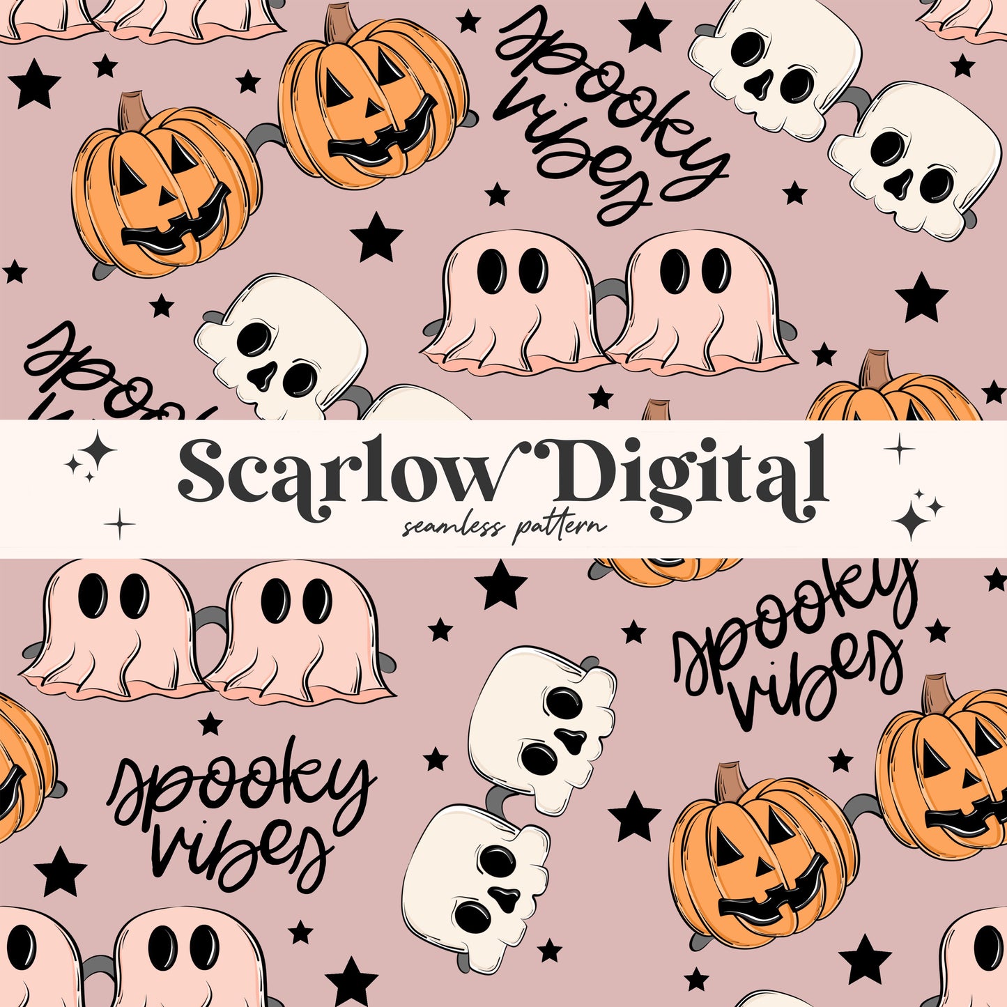 Spooky Vibes Seamless Pattern-Halloween Sublimation Digital Design Download-sunglasses seamless pattern, pumpkin seamless, skull seamless