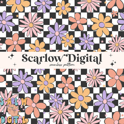 Checkered Floral Seamless Paper Digital Design Download, flower seamless pattern, retro seamless paper, trendy digital paper, girl seamless