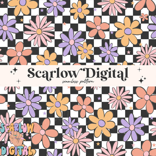 Checkered Floral Seamless Paper Digital Design Download, flower seamless pattern, retro seamless paper, trendy digital paper, girl seamless