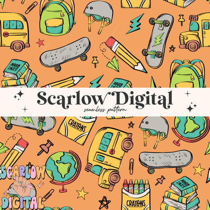 Boy Back to School Seamless Pattern Digital Design Download, trendy school patterns, school bus digital paper, book seamless, skater design