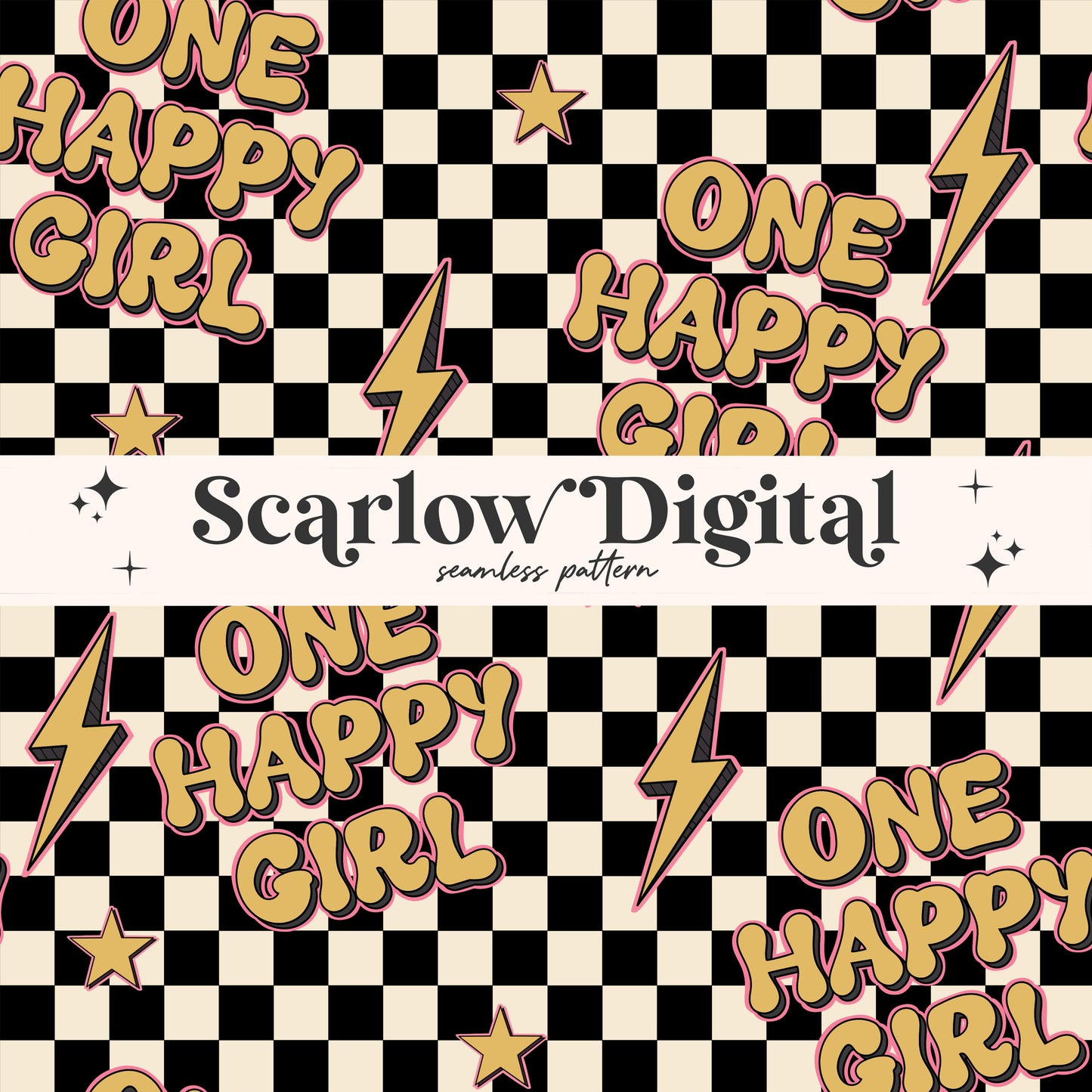 One Happy Girl Seamless Pattern Sublimation Digital Design Download, checkered seamless file, retro sublimation, girl seamless patterns