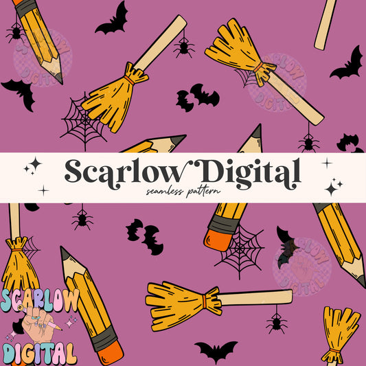 Pencils and Brooms Seamless Pattern Digital Design Download, spooky teacher digital prints, teacher patterns, back to school seamless files