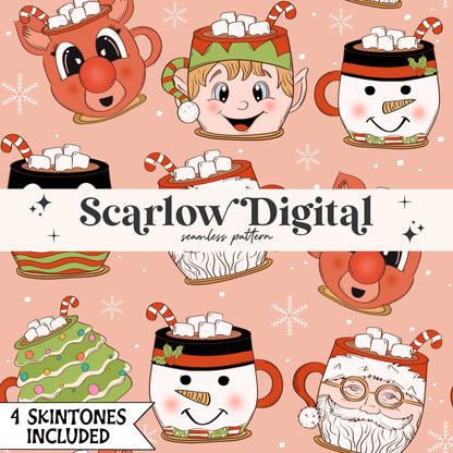 Coffee Mugs Seamless Pattern-Christmas Sublimation Digital Design Download-santa claus seamless, reindeer seamless, snowman seamless pattern