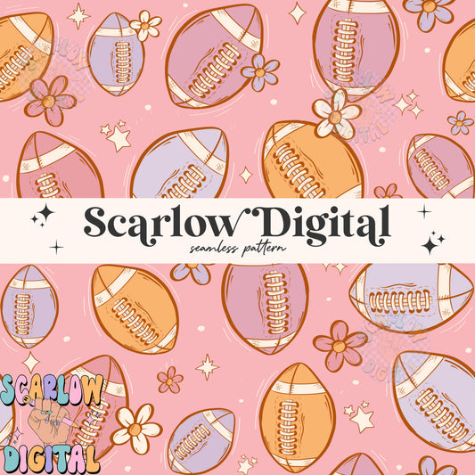 Flowers and Football Seamless Pattern Digital Design Download, fall seamless pattern, girl football designs, football season seamless files
