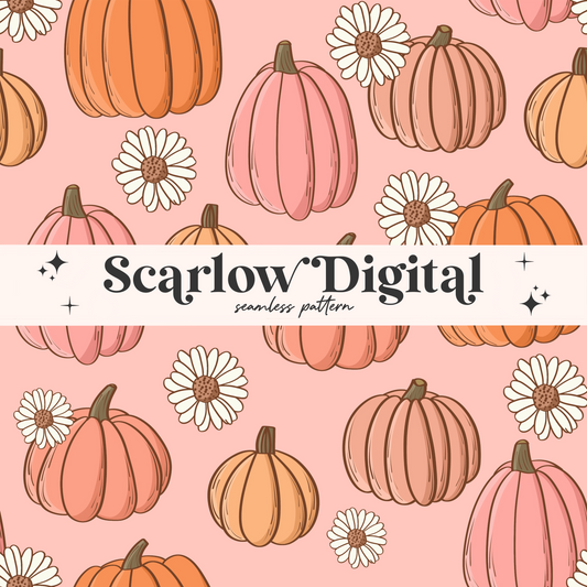 Floral Pumpkins Seamless Pattern-Fall Sublimation Digital Design Download-girly surface patterns, trendy seamless, flowers surface patterns
