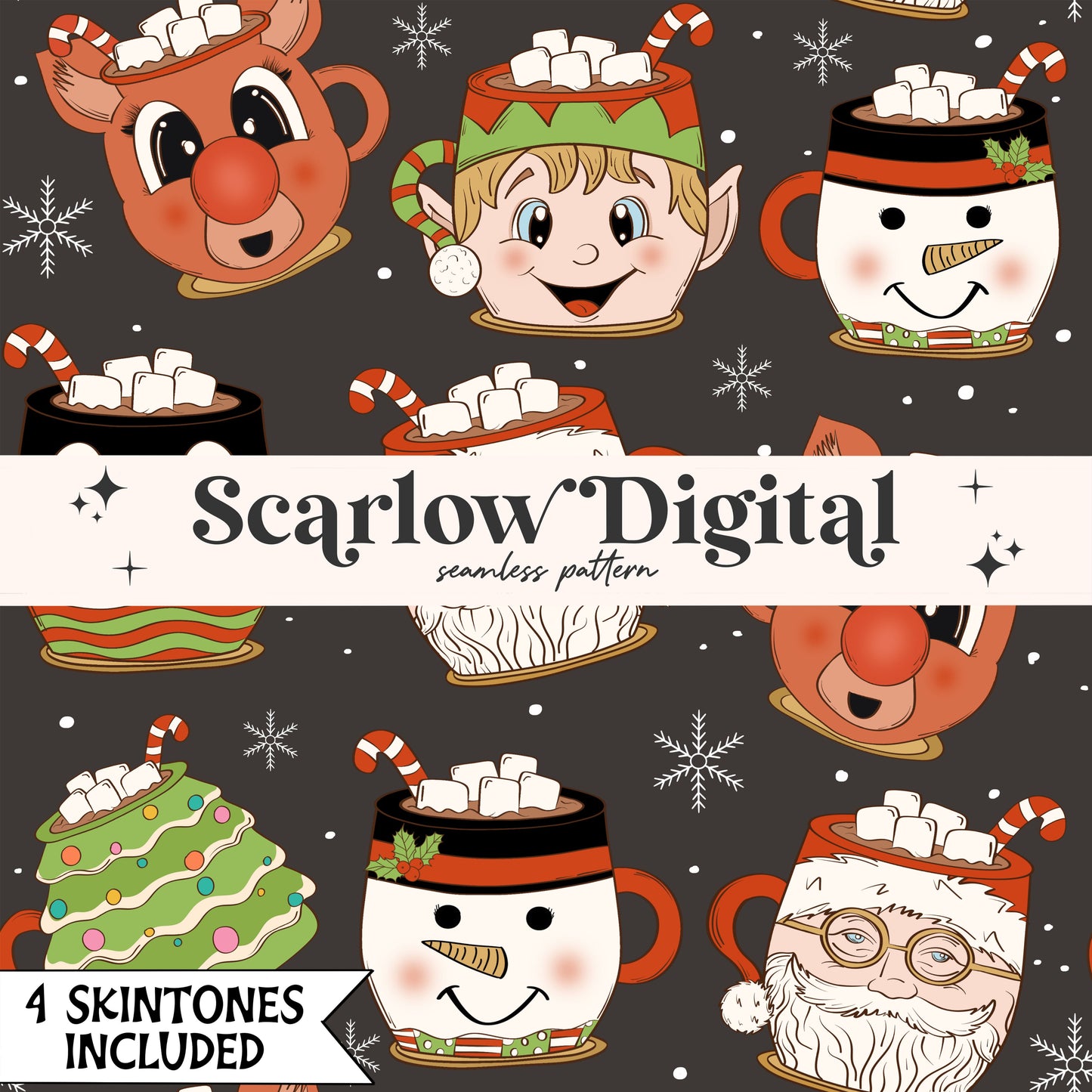 Coffee Mugs Seamless Pattern-Christmas Sublimation Digital Design Download-santa claus seamless, reindeer seamless, snowman seamless pattern