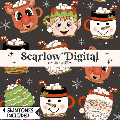 Coffee Mugs Seamless Pattern-Christmas Sublimation Digital Design Download-santa claus seamless, reindeer seamless, snowman seamless pattern