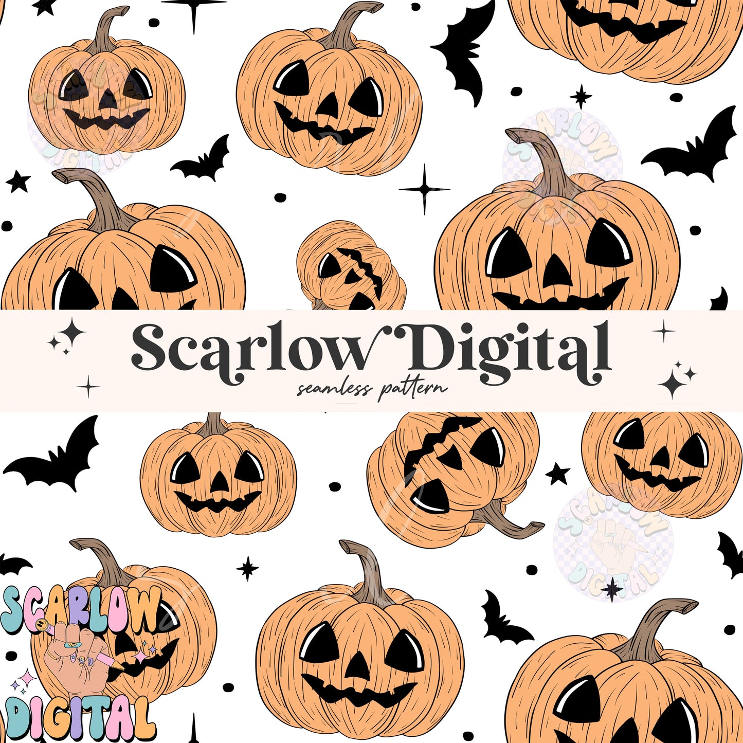 Jack-O'-Lanterns and Bats Seamless Pattern Digital Design Download, halloween seamless pattern, pumpkins digital paper, spooky season design