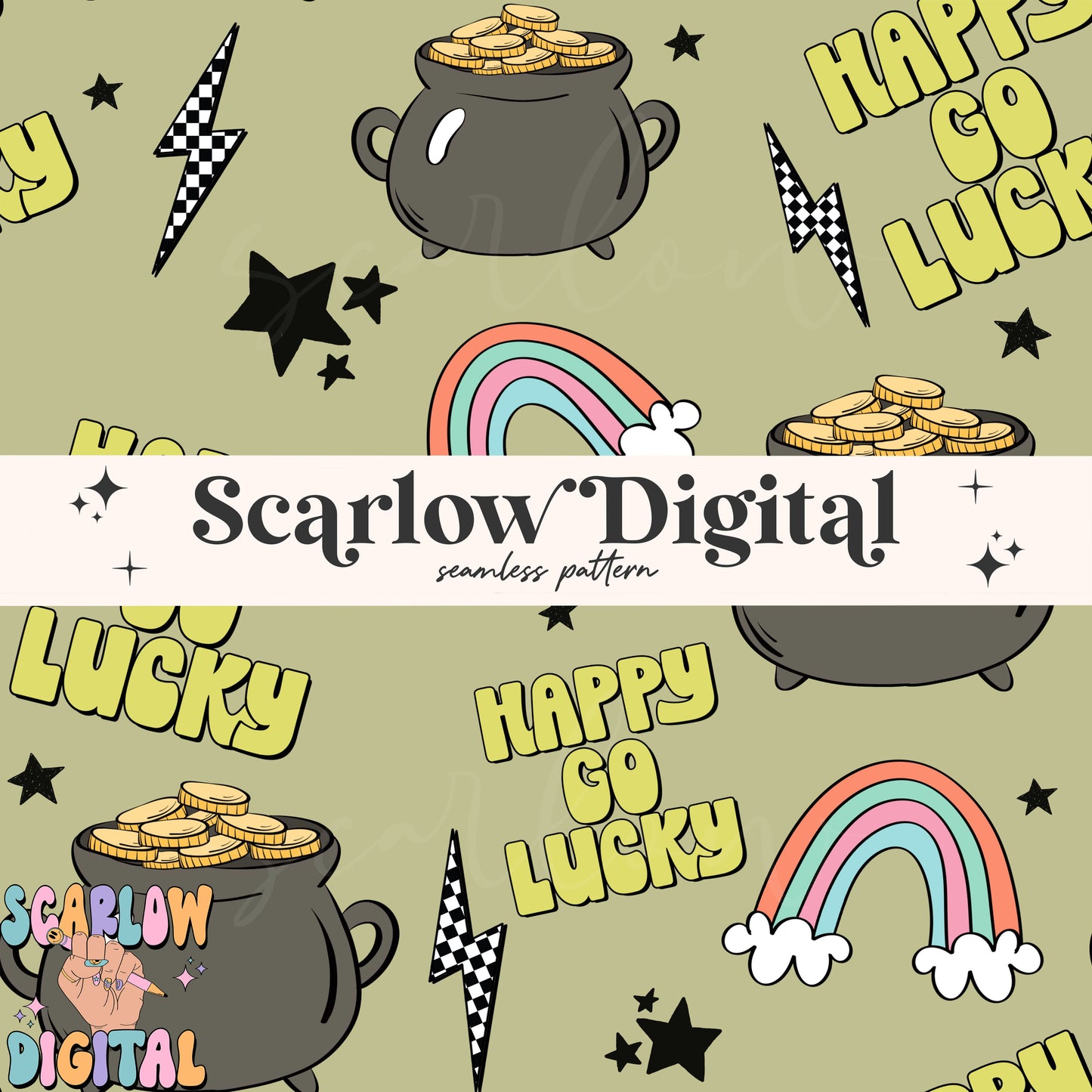 Happy Go Lucky Seamless Pattern-Saint Patrick's Day Sublimation Digital Design Download-pot of gold seamless file, lucky boy seamless file