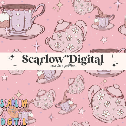 Tea Party Seamless Pattern Digital Design Download, tea cup seamless paper, tea pot pattern, coquette designs, trendy girl seamless patterns