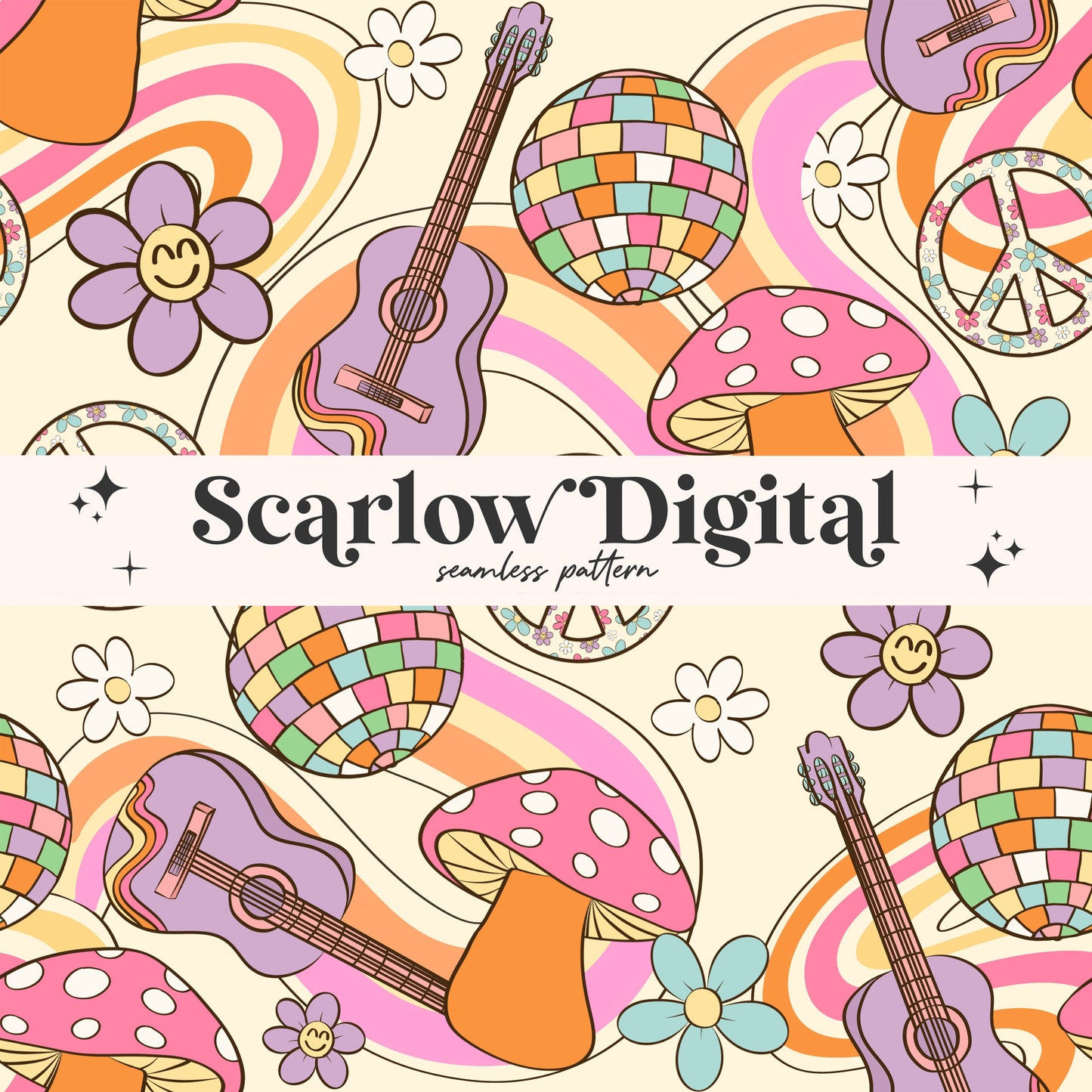 Groovy Seamless Pattern Sublimation Digital Design Download-guitar seamless, hippie seamless, disco seamless, preppy seamless, girl designs