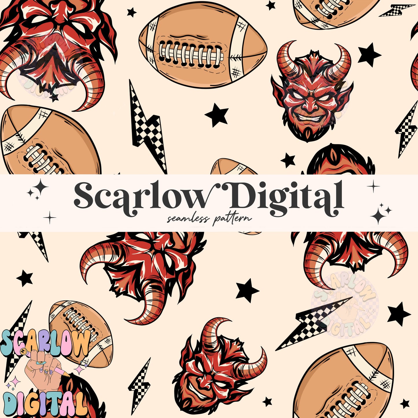 Devils Seamless Pattern Digital Design Download, Devils football seamless file, team mascot digital prints, football season seamless