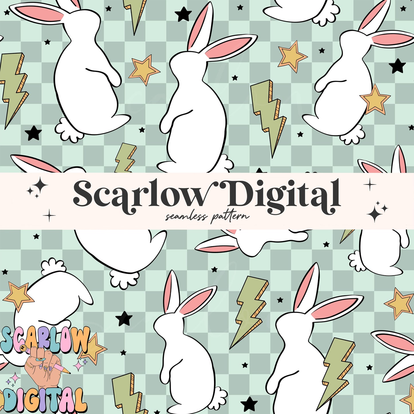 Retro Easter Bunny Seamless Pattern-Easter Sublimation Digital Design Download-checkered easter seamless pattern, boy easter seamless