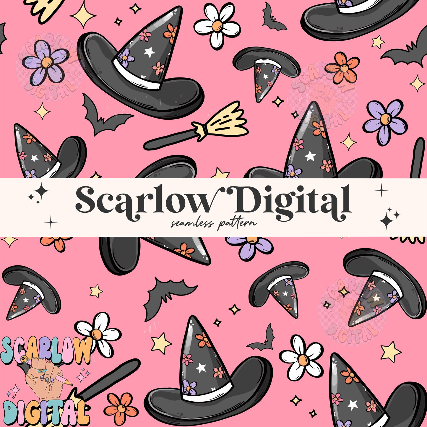 Witch Hats Seamless Pattern Digital Design Download, Halloween seamless pattern, witch broom digital paper, spooky season seamless pattern