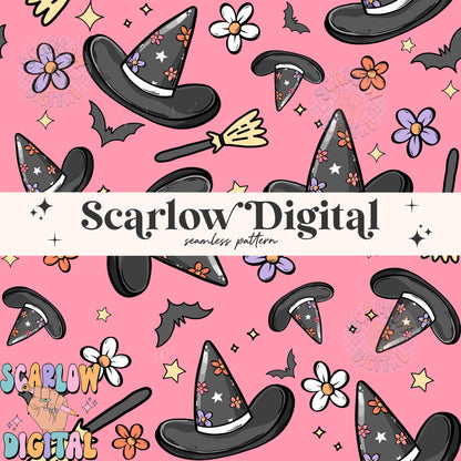 Witch Hats Seamless Pattern Digital Design Download, Halloween seamless pattern, witch broom digital paper, spooky season seamless pattern