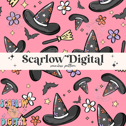 Witch Hats Seamless Pattern Digital Design Download, Halloween seamless pattern, witch broom digital paper, spooky season seamless pattern