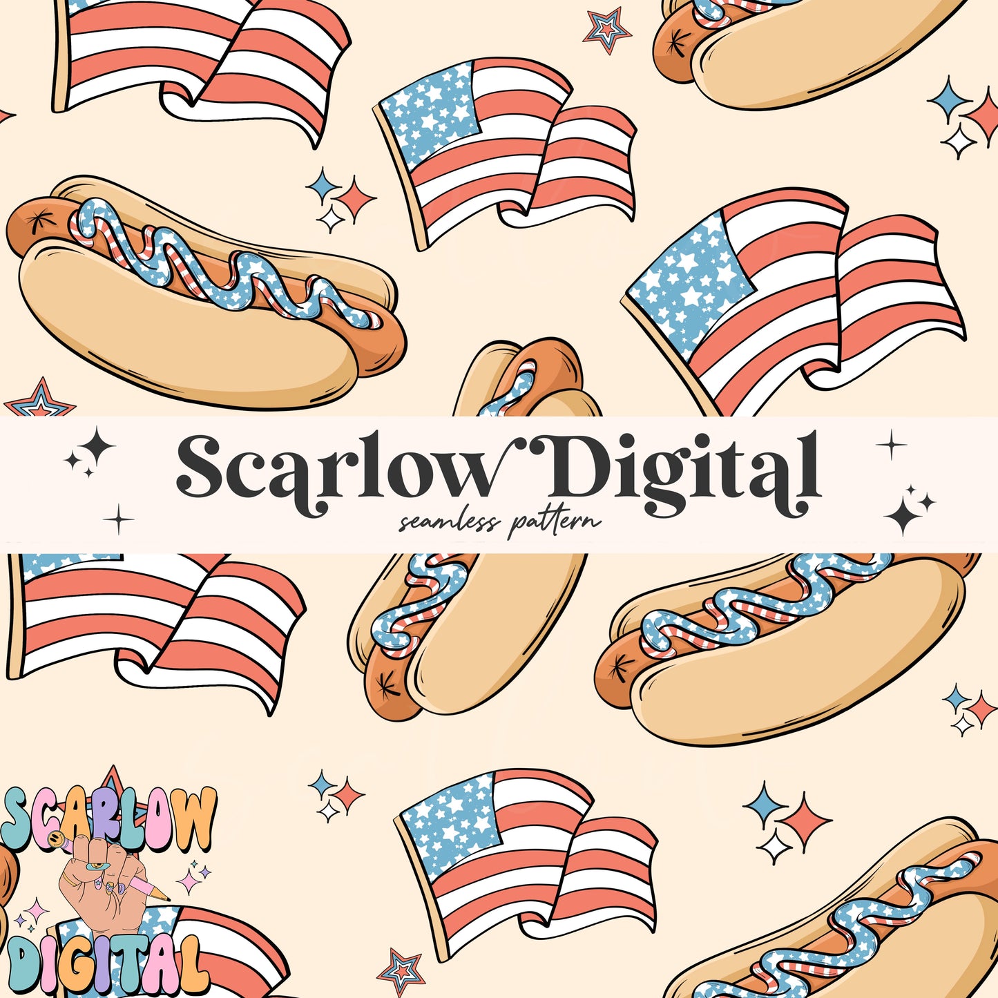 Patriotic Hot Dogs Seamless Pattern Digital Design Download, july 4th seamless pattern, summer seamless, american flag seamless pattern