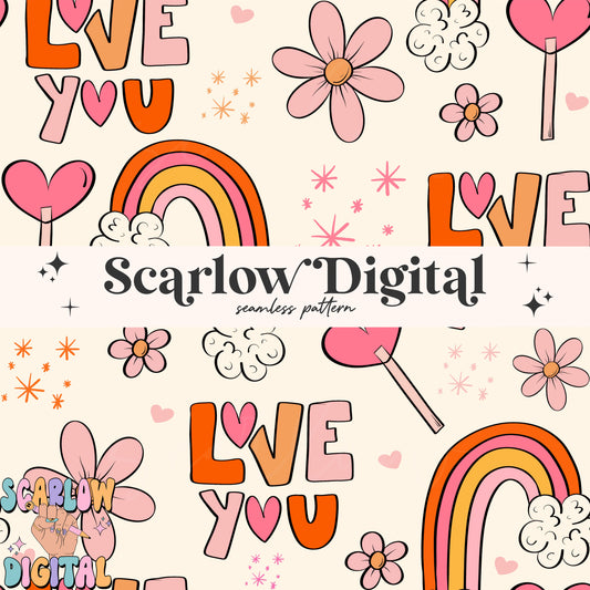 Love You Seamless Pattern-Valentine's Day Sublimation Digital Design Download-boho rainbow seamless pattern, flowers seamless, hearts design