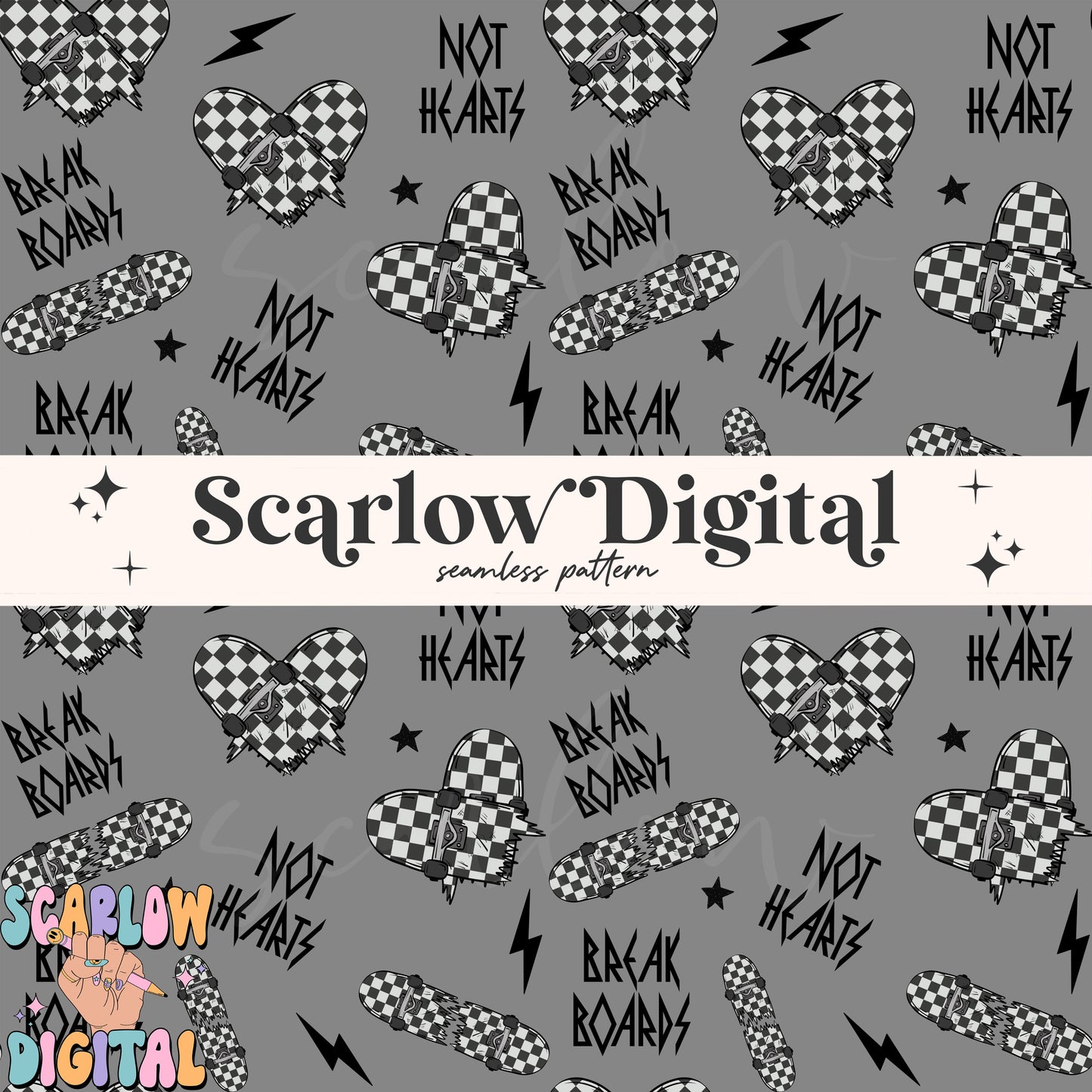 Break Boards Not Hearts Seamless Pattern-Valentine's Day Sublimation Digital Design Download-checkered seamless pattern, skater boy seamless