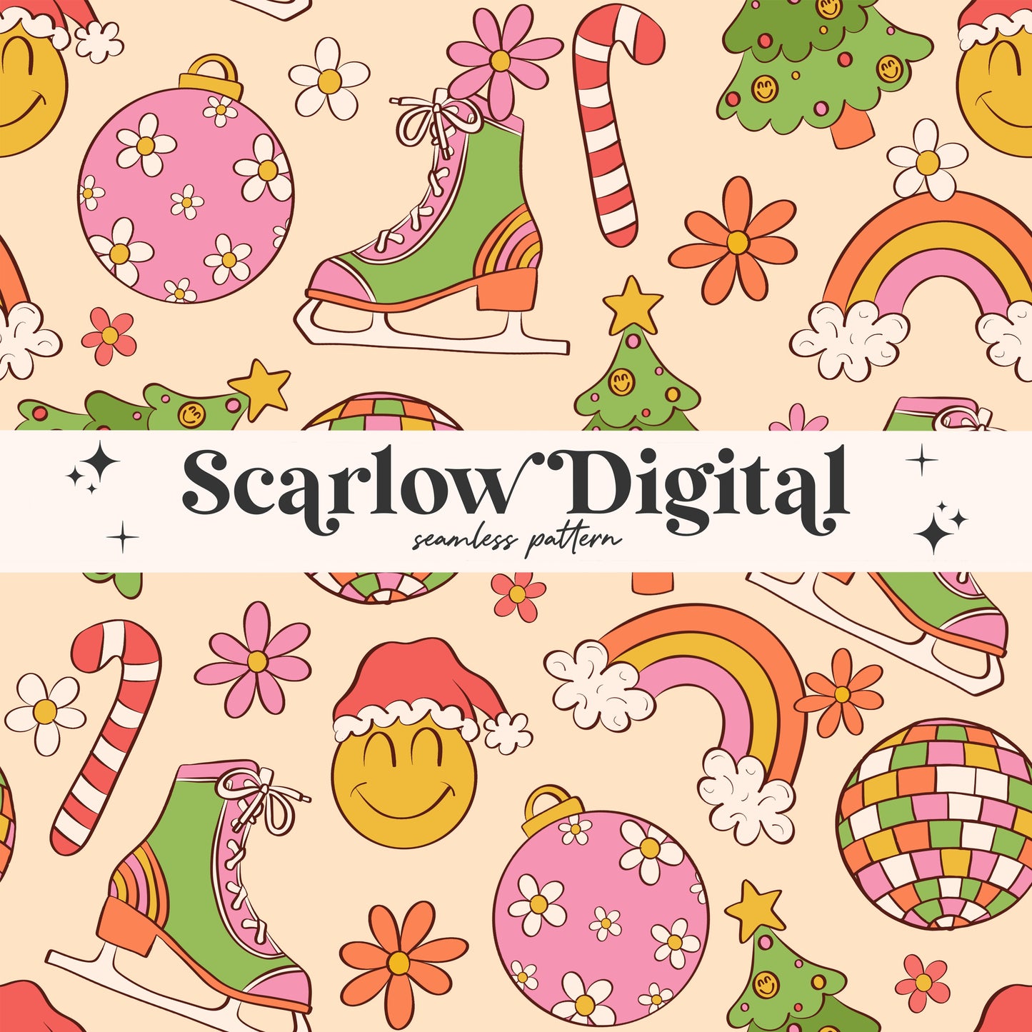 Groovy Christmas Seamless Pattern Sublimation Digital Design Download-hippie christmas seamless, disco seamless, retro christmas seamless