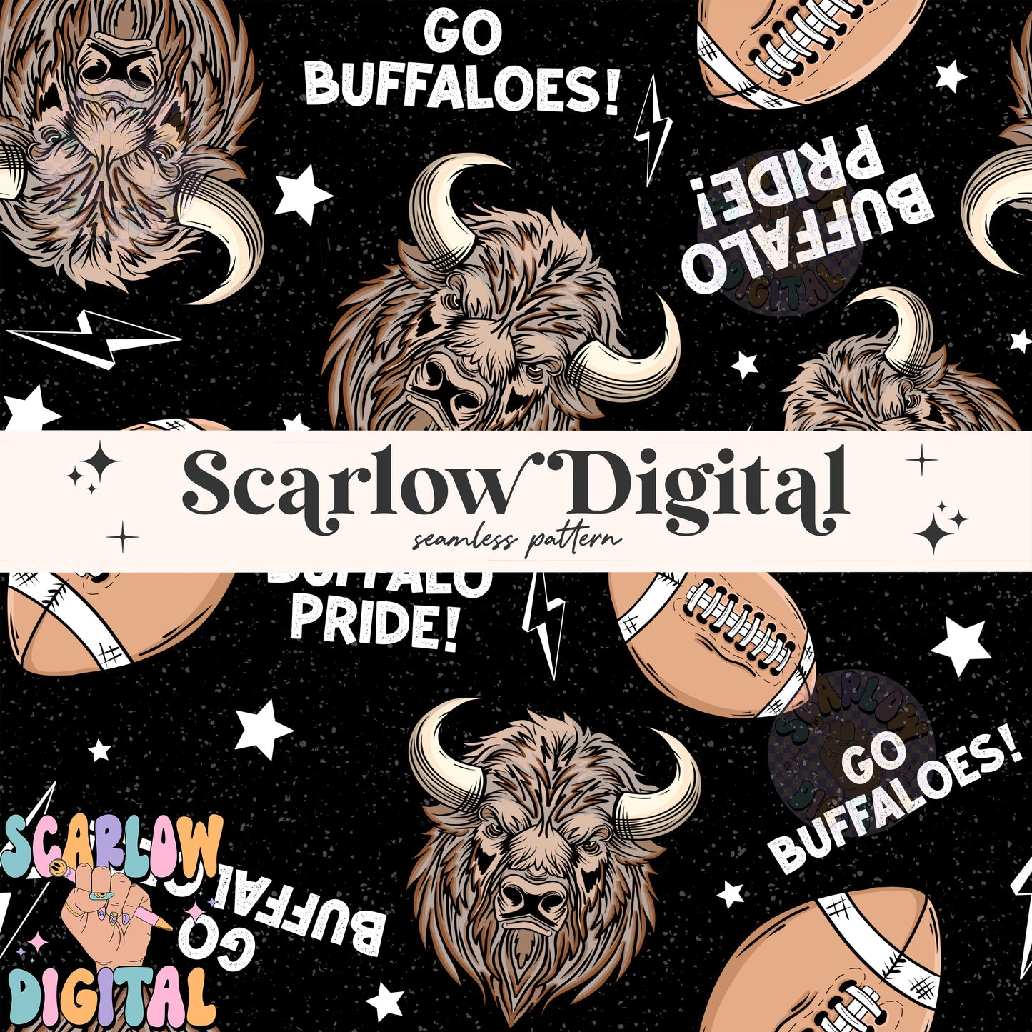 Buffaloes Seamless Pattern Digital Design Download, buffaloes football seamless file, team mascot digital prints, football season seamless