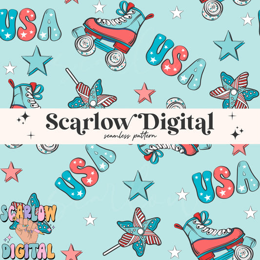 Patriotic Rollerskates Seamless Pattern Digital Design Download, usa seamless, red white and blue seamless, july 4th seamless patterns