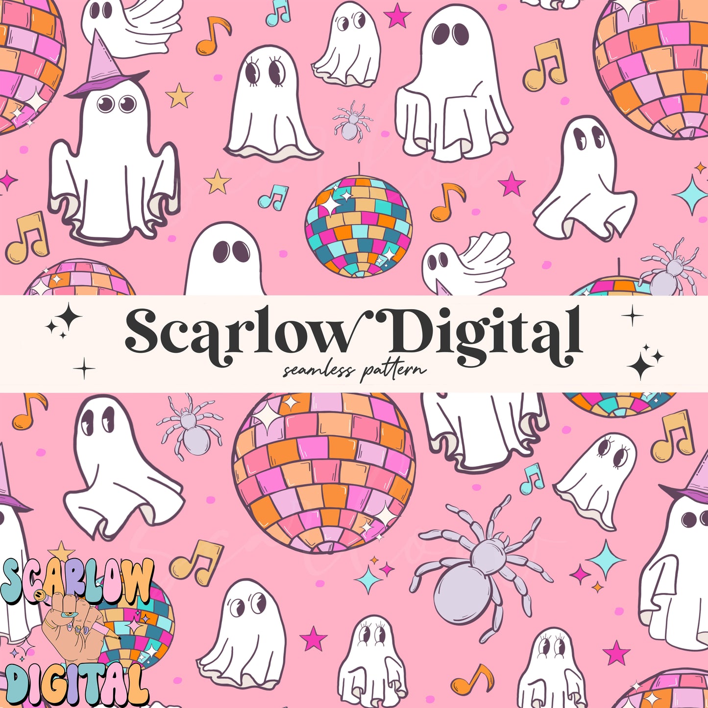 Ghost Disco Seamless Pattern Digital Design Download, halloween seamless paper, spooky season digital prints, groovy seamless pattern design