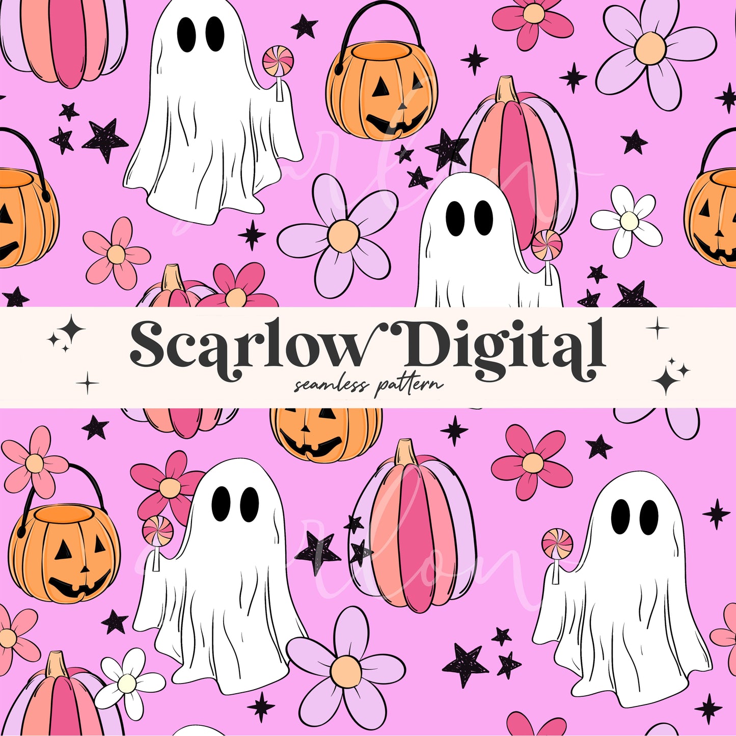 Floral Ghost Seamless Pattern-Halloween Sublimation Digital Design Download-groovy ghost seamless, hippie ghost seamless, girl halloween png