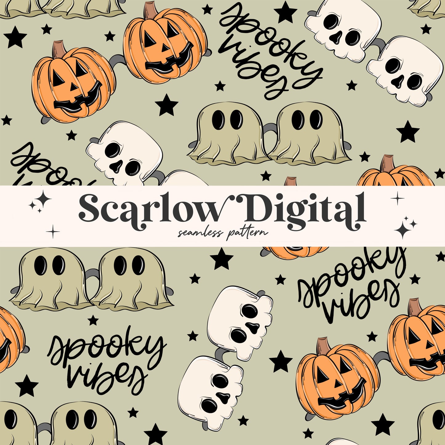 Spooky Vibes Seamless Pattern-Halloween Sublimation Digital Design Download-sunglasses seamless pattern, pumpkin seamless, skull seamless