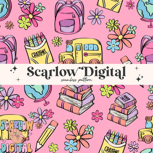 Girl Back to School Seamless Pattern Digital Design Download, trendy school patterns, school bus digital paper, book seamless, floral design