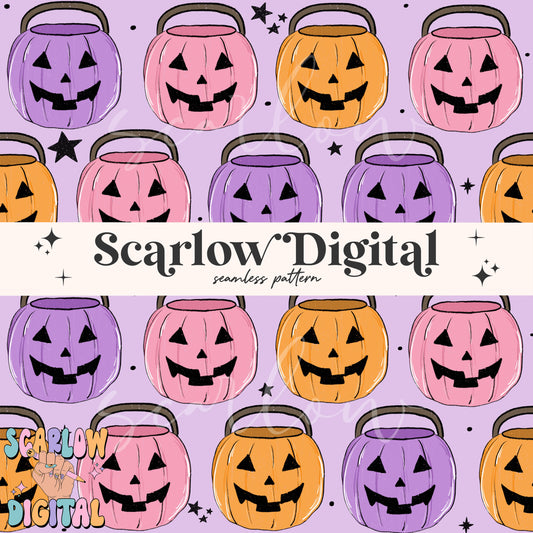 Pumpkin Buckets Seamless Pattern-Halloween Sublimation Digital Design Download-girl halloween seamless pattern, spooky season seamless files