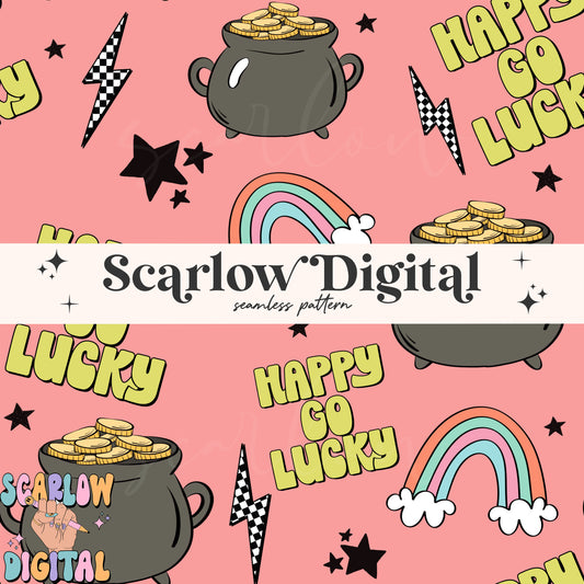 Happy Go Lucky Seamless Pattern-Saint Patrick's Day Sublimation Digital Design Download-pot of gold seamless file, lucky girl seamless file