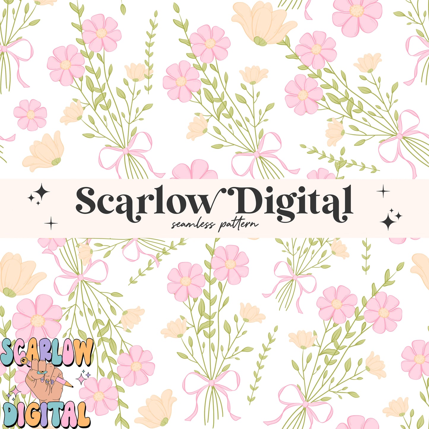 Coquette Bouquet Seamless Pattern Digital Design Download, coquette bow seamless pattern, spring flowers seamless, simple seamless patterns