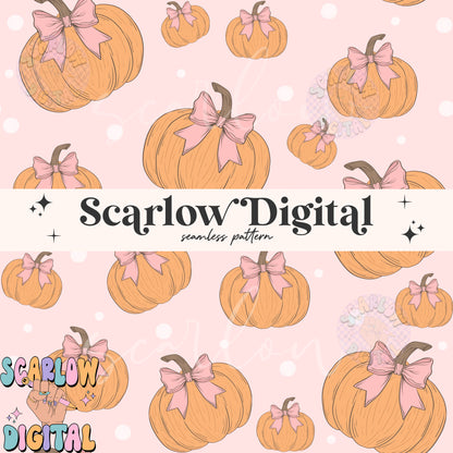 Coquette Pumpkin Seamless Pattern Digital Design Download, bows seamless, halloween digital patterns, fall seamless designs, fall designs