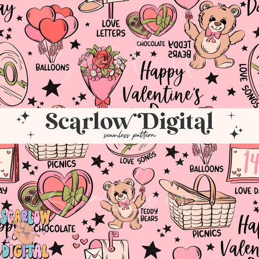 Valentine's Day Seamless Pattern Sublimation Digital Design Download, valentines designs, flowers seamless, chocolate hearts seamless file