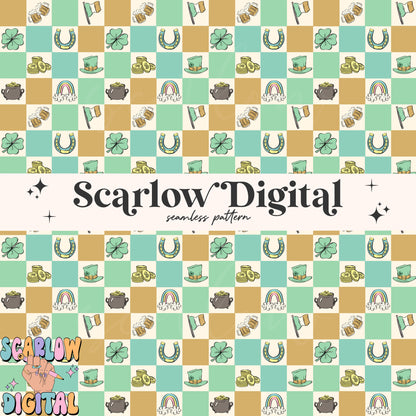 Checkered St Patrick's Day Doodles Seamless Pattern Sublimation Digital Design, rainbow seamless, pot of gold seamless, boy seamless files